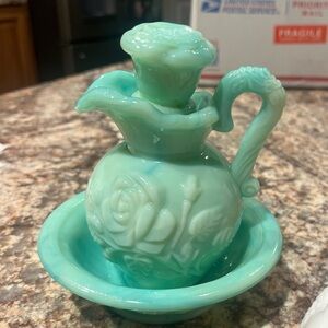 Vintage Green Glass Pitcher and Bowl Set